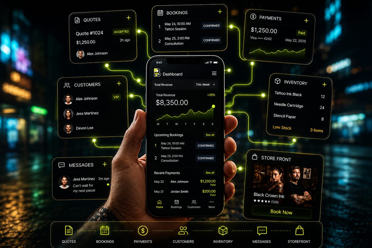 Bizfinite dashboard wiring quotes, bookings, payments, customers, inventory, messages, and storefront together around a phone